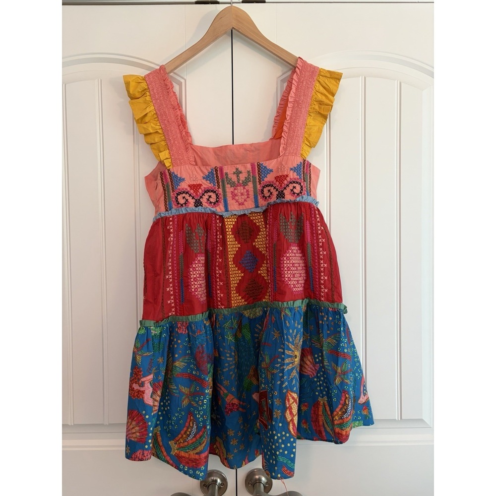 Farm Rio Embroidered Multicolor Block Cross-Stitch Tiered Cotton Minidress Sz M - Picture 7 of 14